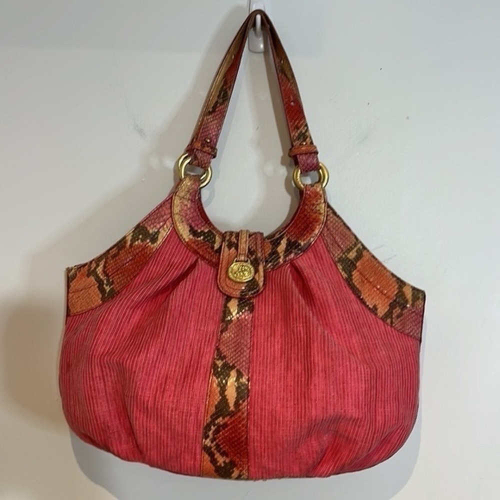 Brahmin hot pink woven purse with snake skin straps